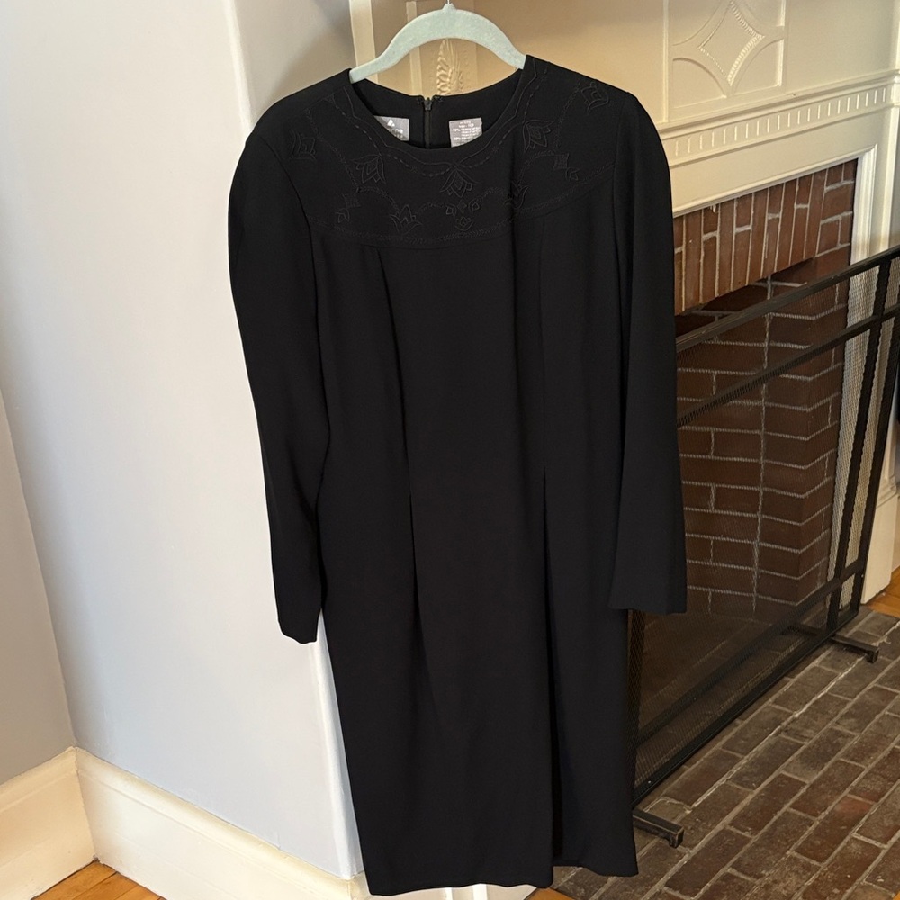Vintage Little Black Dress, long sleeves, black embroidery 10P EUC